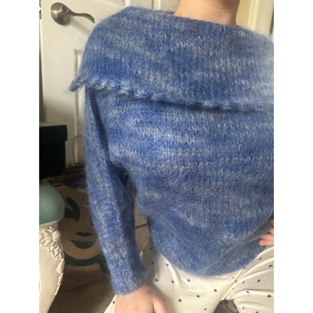 Vintage Mohair Wool Sweater blue collared Bohemian fuzzy warm bat wing sleeve - Picture 2 of 16